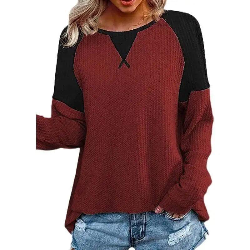 Cheky - Waffle Stitching Long-sleeved Round Neck T-shirt Top