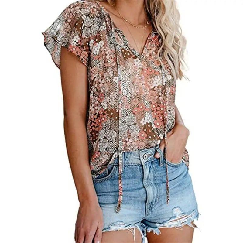 Cheky - Women's Casual Short-sleeved Loose Print V-neck Shirt Top