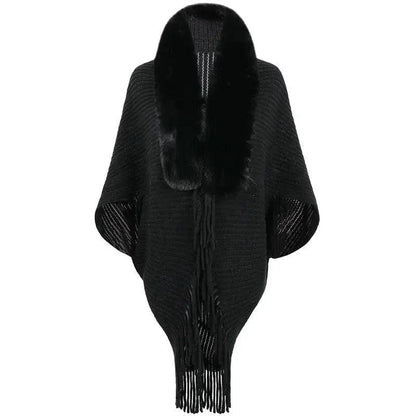 Cheky - Women's Fur Collar Tassel Shawl Knitted