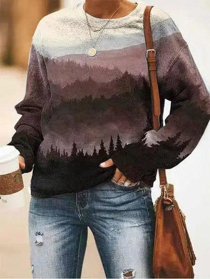 Cheky - Women's Landscape Floral Print Long Sleeve Pullover